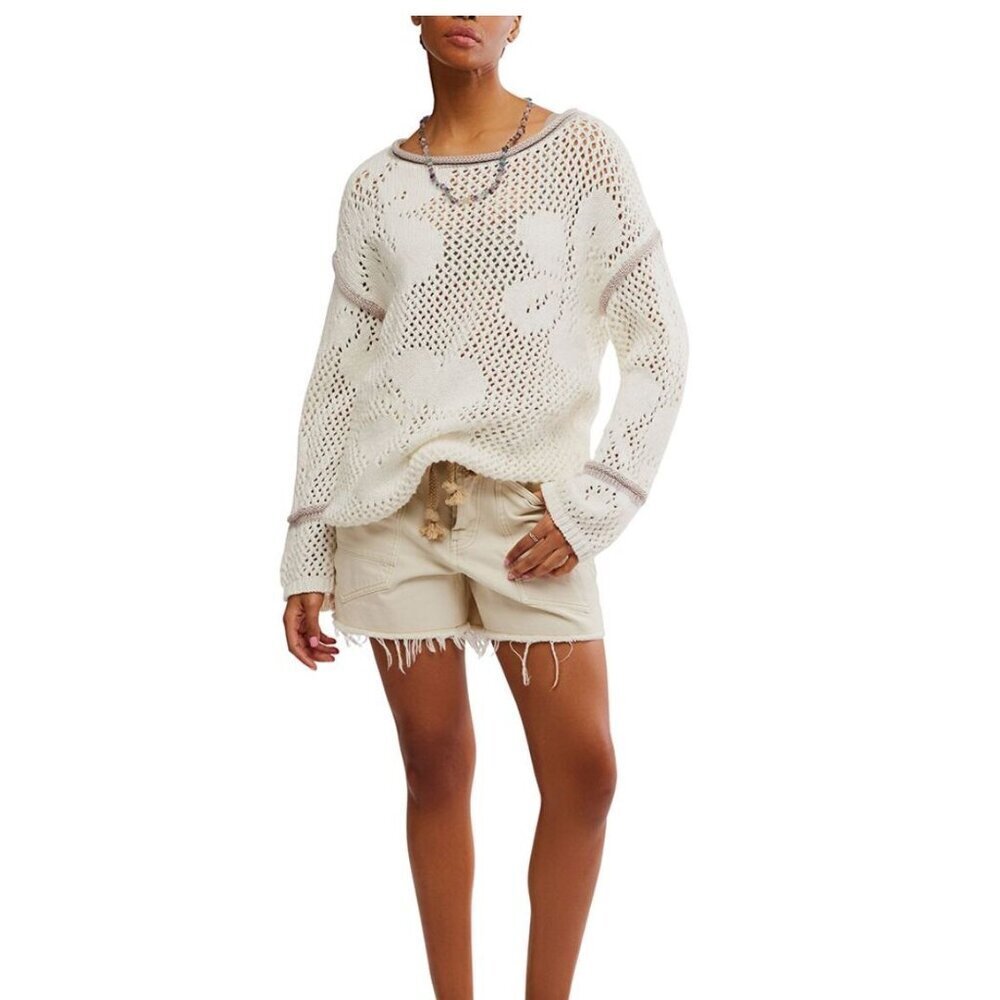 Free People NWOT Hidden Tropics Sweater Ivory Purple Trim Coverup Medium